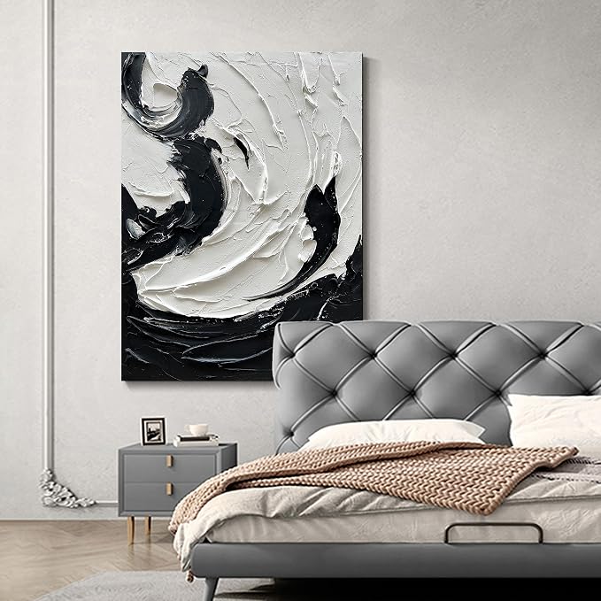 NANKAI Art 40x28 inches Hand-Painted Modern Wall Decorative Oil Painting Minimalist Style Art Black and White Abstract Thick Texture Painting Home Wall Decorative Painting