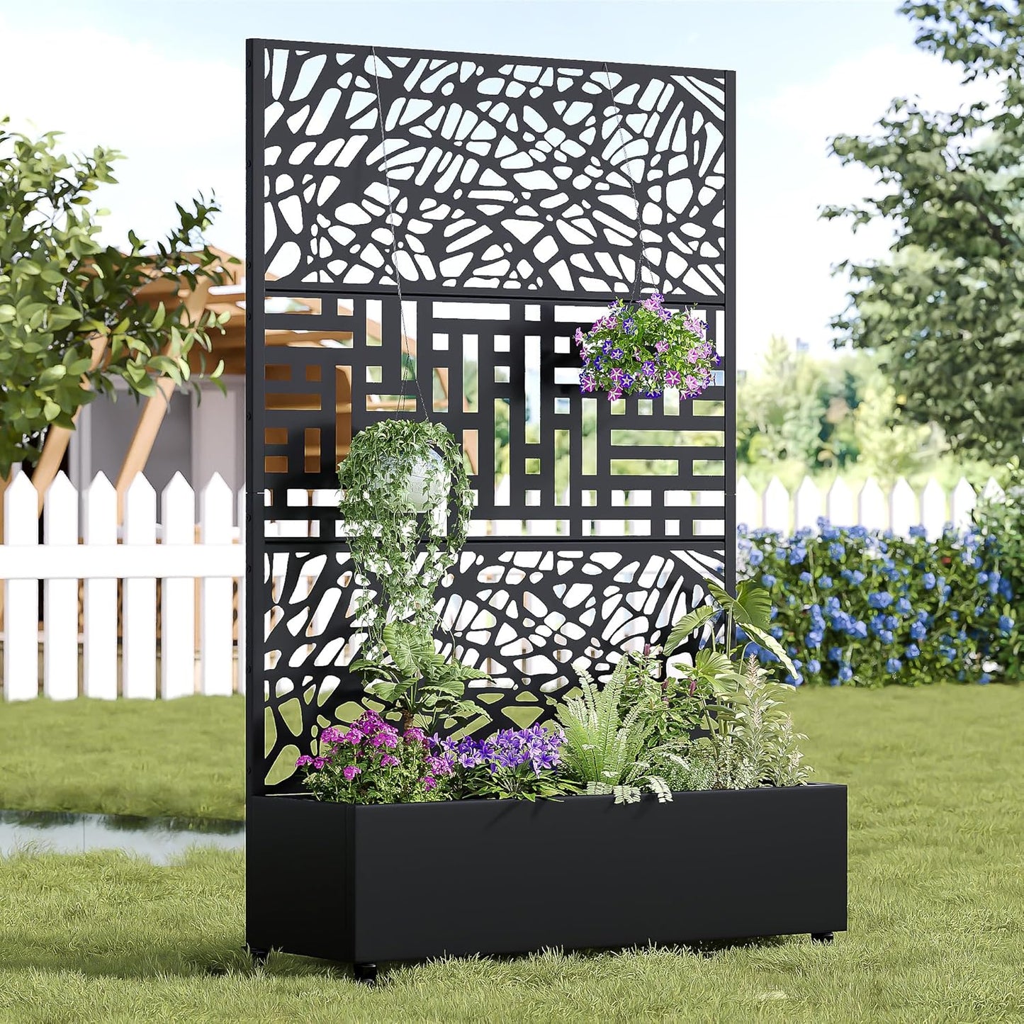 Casaphoria Metal Raised Garden Bed with Trellis and Wheels, 72"x47"x16" Planter Box for Climbing Plants, Vegetables & Vines, Features Drainage Holes and Privacy Screen, Black(Net&Helen)