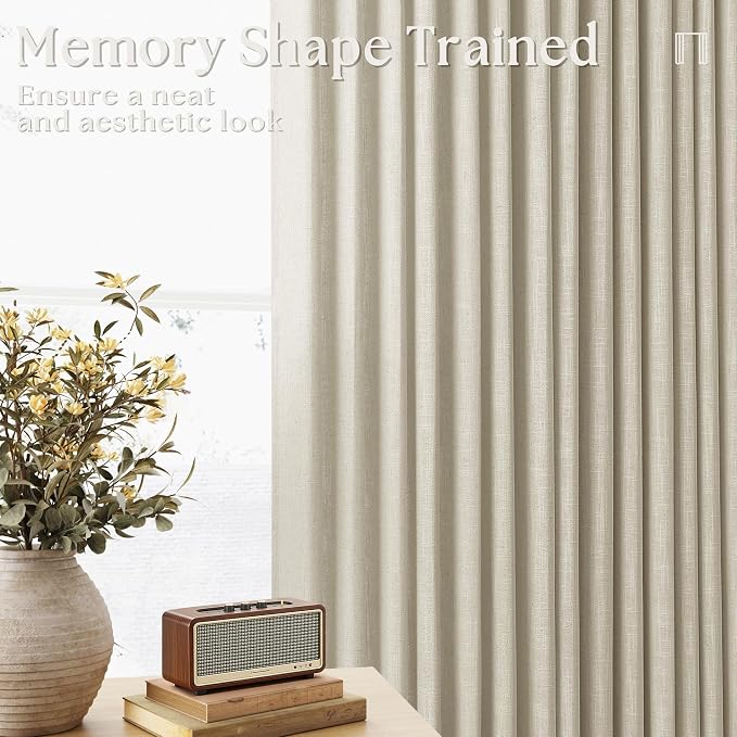 Beige 98 Inch Linen Curtains 2 Panels Set Pinch Pleated for Living Room Bedroom Memory Training Shaped Semi Sheer Neutral Light Tan Flax Burlap Pleat Drapes Hooks Rings Light Filtering Window Curtain