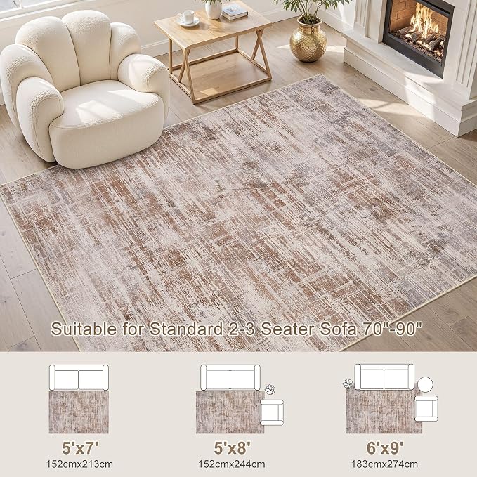 UERMEI 5x7 Washable Area Rug for Living Room: Modern Neutral Abstract Soft Low Pile Carpet Non-Slip Pet Kids Friendly Indoor Decor for Bedroom Dining Room Home Office Nursery Blue Brown