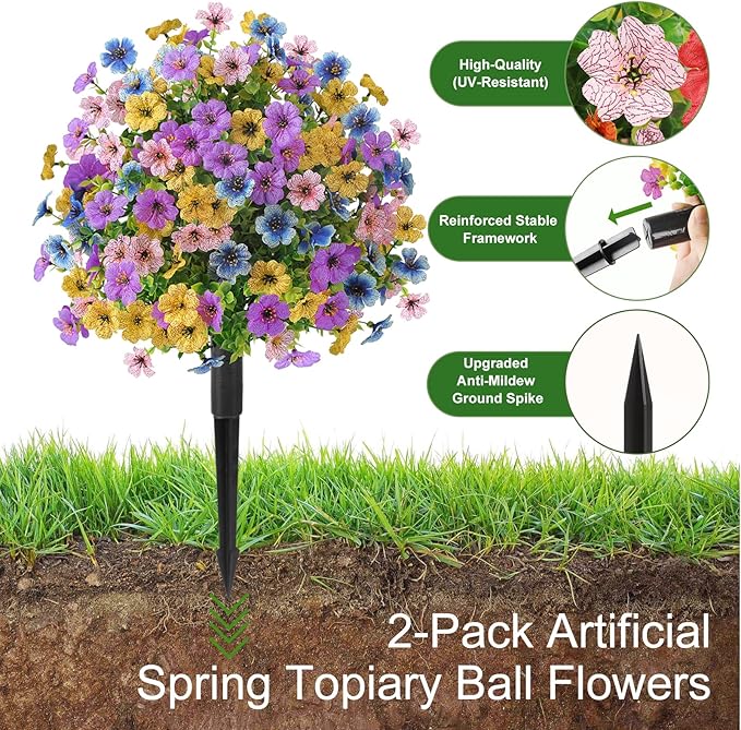Alupssuc 2Pcs 20" Artificial Topiary Ball Flowers for Outdoors, Spring Decoration with Spike, UV Resistant Faux Summer Plants, Fake Bushes Indoor Decor, Mix 4 Colors for Garden, Porch, Home & Patio
