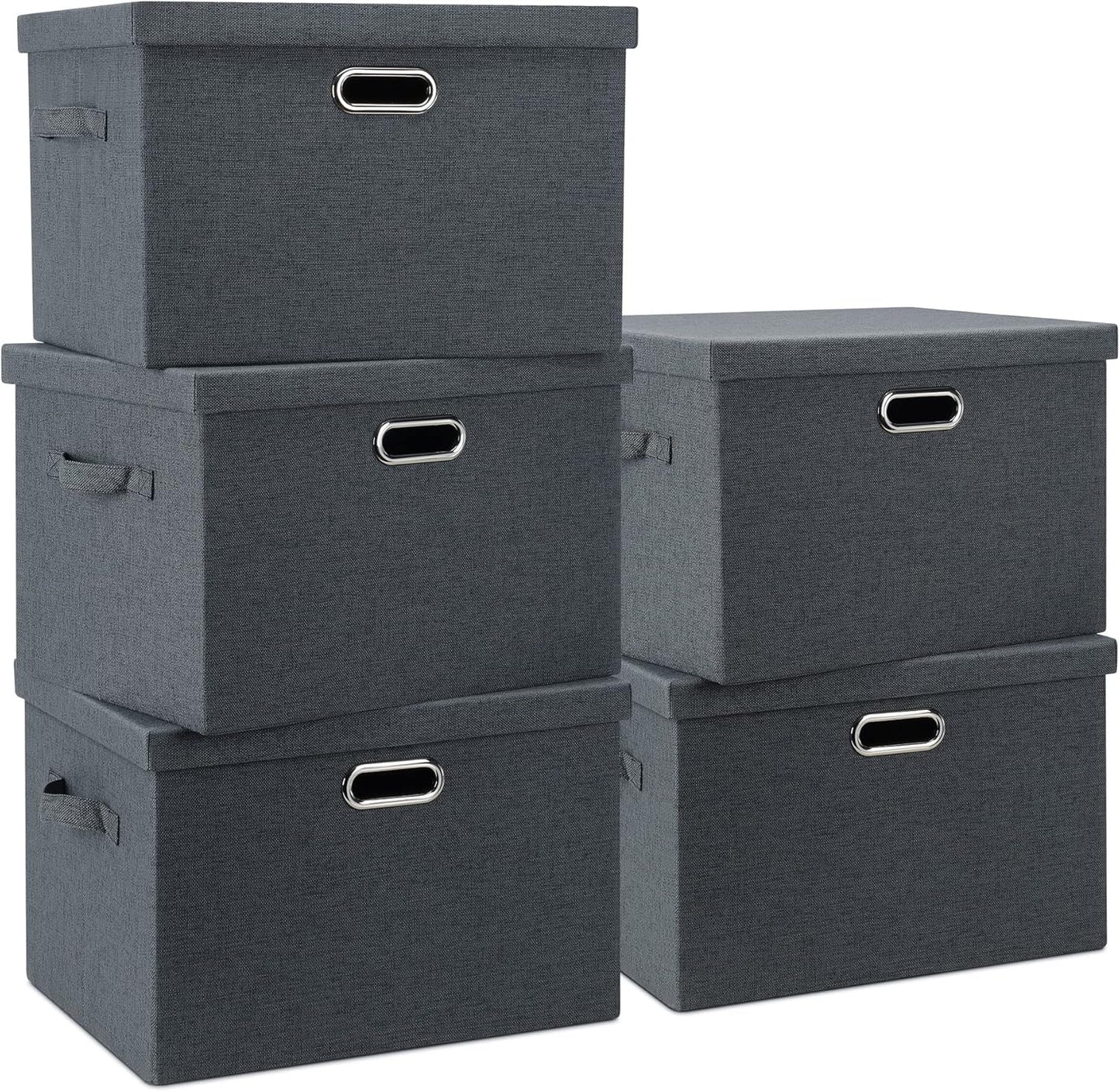 Large 17" 36 Quart Collapsible Stackable Storage Bins with Lids, 5 Packs Dark Gray Foldable Fabric Closet Storage Boxes with Lids Heavy-duty Linen Cube Baskets(17 x 12 x 11)