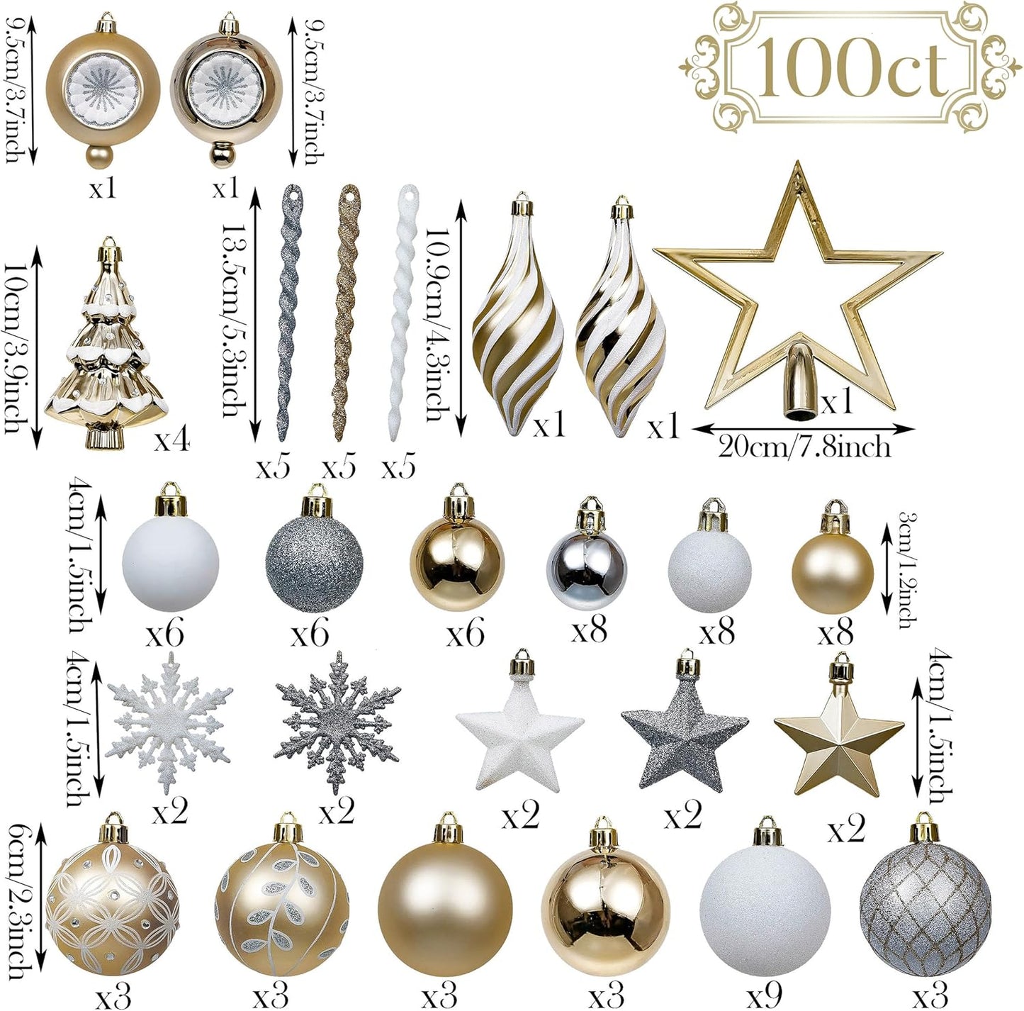 Valery Madelyn Christmas Ball Ornaments, 100ct White and Gold Shatterproof Christmas Tree Decorations Set, Elegant Hanging Ornaments for Xmas Trees Bulk Holiday Wedding Party Decor