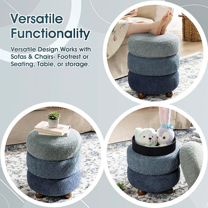 Glitzhome Round Ottoman with Storage Set of 2 Vanity Stool Foot Rest with Removable Lid Modern Upholstered Velvet Storage Ottoman Stool for Living Room and Dorm, Gradient Blue