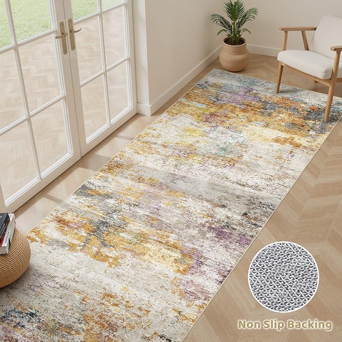 Runner Rug Kitchen Washable Rugs: 2x10 Non-Slip Abstract Soft Modern Stain Resistant Indoor Floor Neutral Accent Throw Carpet for Hallway Bathroom Laundry Room Entryway Bedroom- Gold Colorful