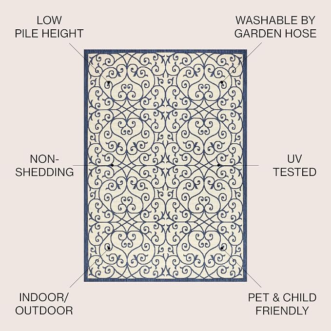 JONATHAN Y Vintage Filigree Indoor Outdoor Round Area Rug 5 Ft Navy/Beige, Madrid Textured Weave for Backyard, Patio, Porch, Easy-Cleaning, High Traffic, Pet-Friendly, Non-Shedding (SMB107G-5R)