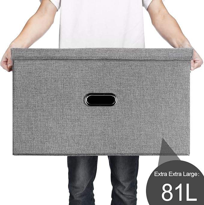 Large Linen Fabric Foldable Storage Bins with Removable Lid and Handles, Washable Storage Box Organizer Containers Baskets Cube with Cover for Bedroom,Office(Pink, XXL)