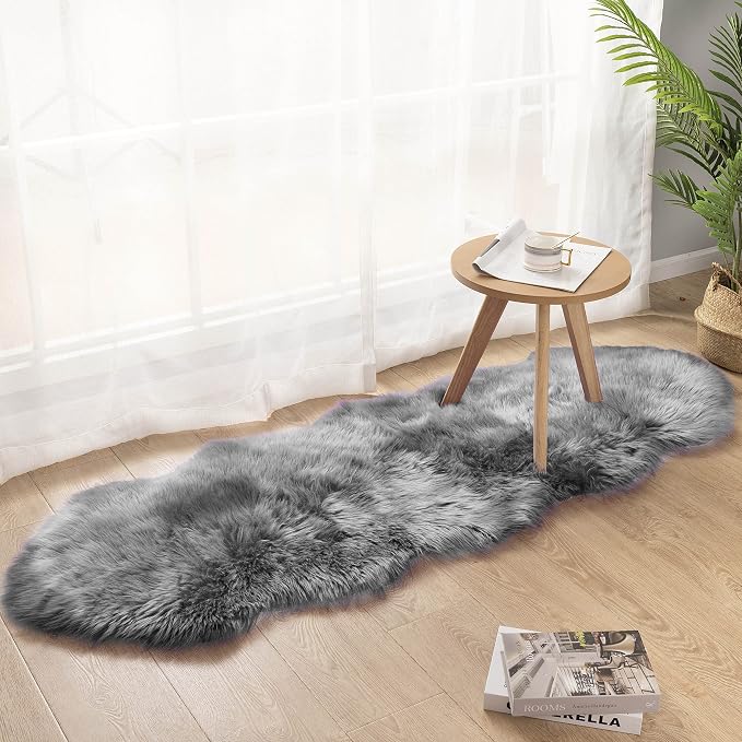 Carvapet 2x6 Faux Sheepskin Rug - Gray Shaggy Fluffy Area Rug Runner, Soft Plush Fake Fur Couch Seat Cushion Floor Cover Mat for Bedroom Living Room