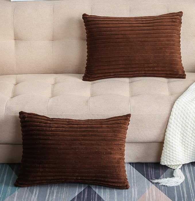 TangDepot Velvet Big Corduroy Pillow Covers 12x24 Brown 2-Pack | Soft wide-stripe corduroy pillow cover, hidden zipper, machine washable, easy refresh, for bedroom living room indoor outdoor