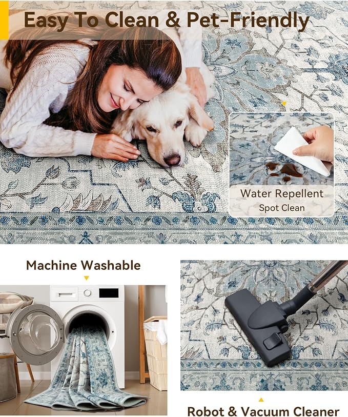 RELEANY Area Rugs Square 6ft Washable Non-Slip, Floral Vintage Distress Medallion Carpet for Living Room Bedroom Dining Room, Light Blue Navy Gray White
