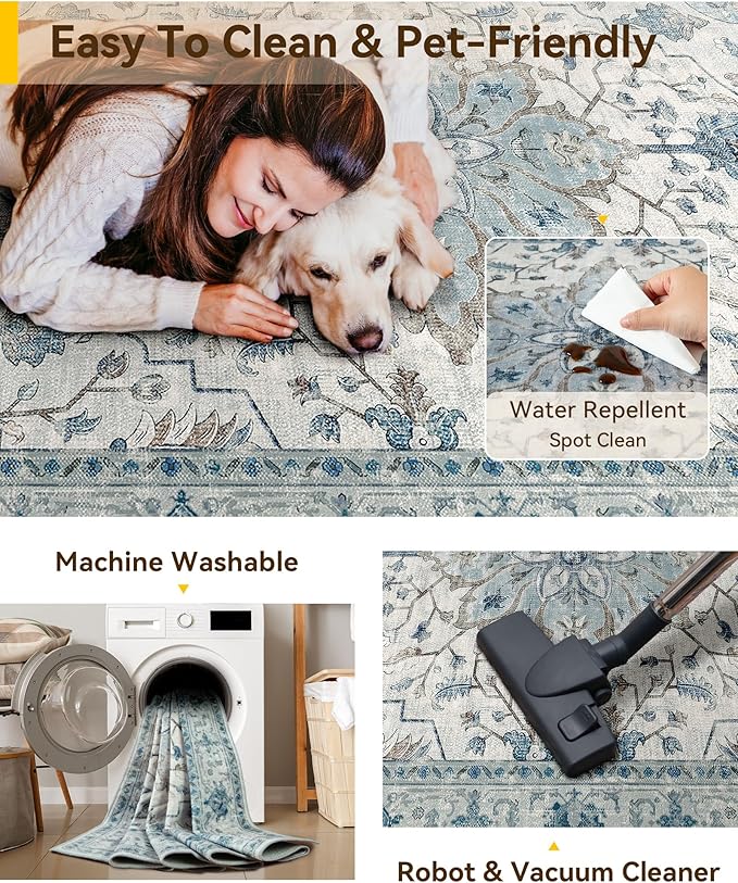 RELEANY Area Rugs 2'6''x8' Runner Rug Non Slip Washable for Kitchen Hallway Bedroom Beside Laundry Room Bathroom Rug, Floor Carpet, Light Blue Navy Beige Gray White