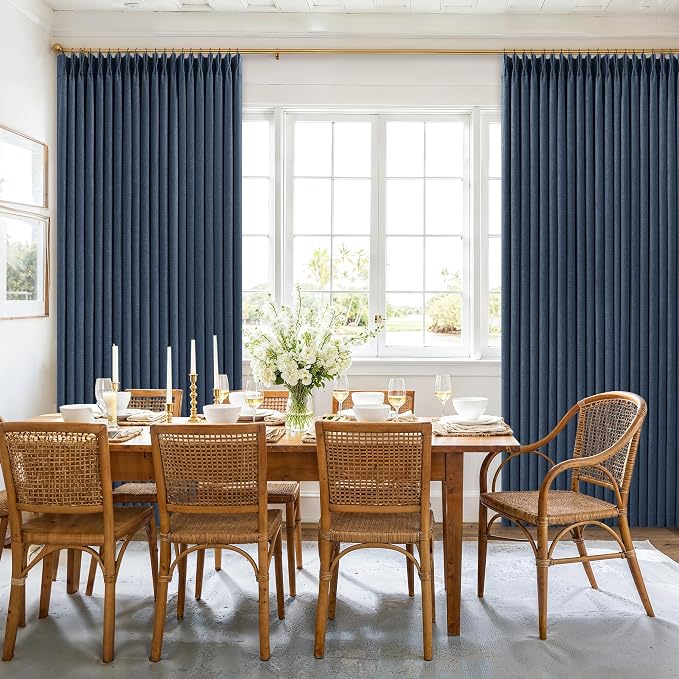 Navy Blue 108 Inch Pinch Pleated Blackout Linen Curtains for Bedroom 2 Panels Memory Trained 100% Black Out Soundproof Room Darkening Window Curtains Double Layer Pinch Pleat Drapes