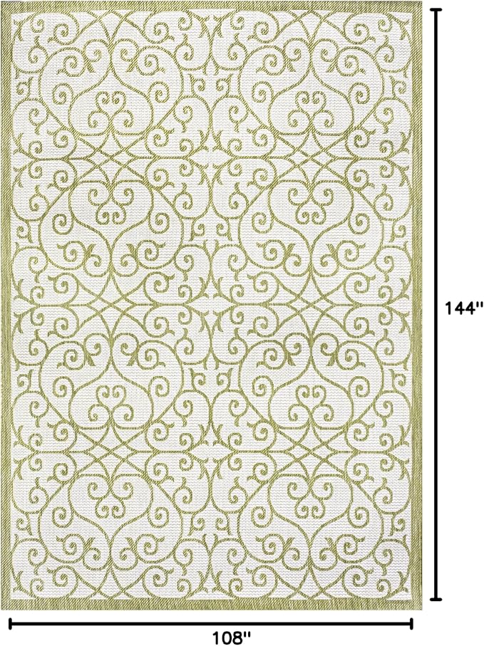 JONATHAN Y Vintage Filigree Indoor Outdoor Area Rug 9X12 Green/Cream, Madrid Textured Weave for Backyard, Patio, Porch, Easy-Cleaning, High Traffic, Pet-Friendly, Non-Shedding (SMB107H-9)