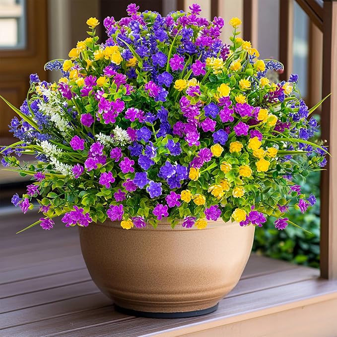 AXYLEX Artificial Flowers Outdoor Fake Plants - 12 Bundles UV Resistant Shrubs No Fade Faux Plastic Greenery Home Garden Porch Patio Decoration Indoor (1, Multi-12pcs)