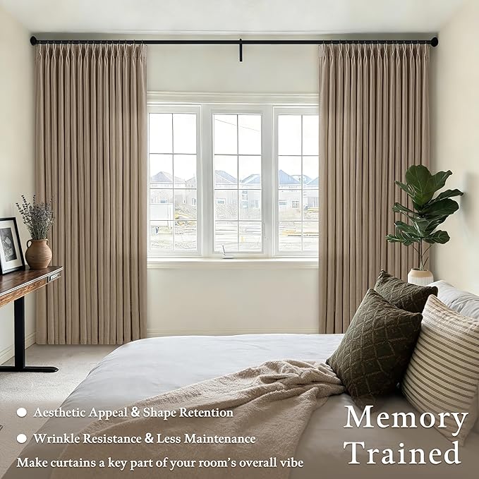 Thick Linen Pinch Pleat Curtains 86 Inches Length 2 Panels Set Latte Taupe Rustic Memory Trained Semi Sheer Privacy Flax Linen Window Drapes Track System 50 Inch Wide Curtain for Living Room Bedroom