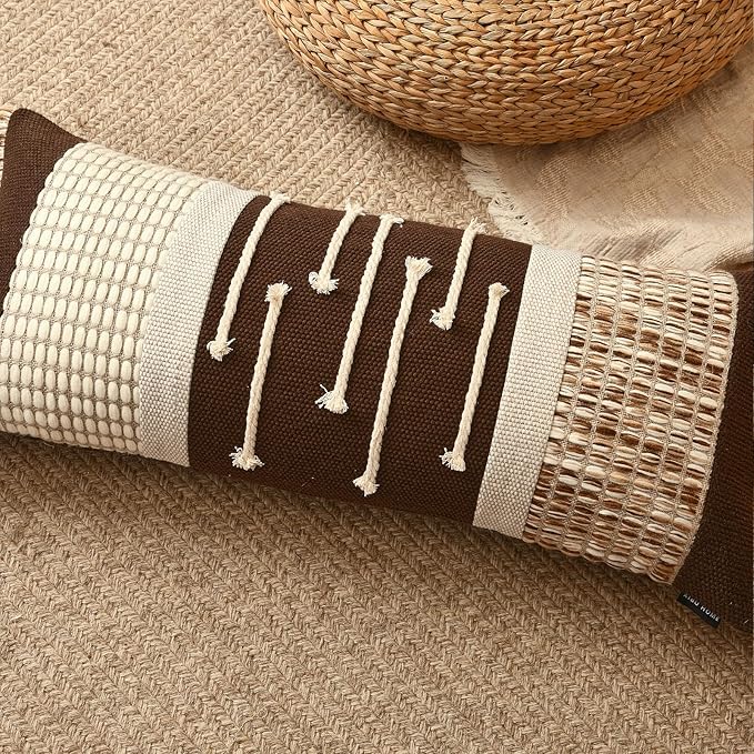 Decorative Lumbar Pillow Cover 12x28, Boho Woven Farmhouse Cotton Linen Cushion Case with Tassels & Hidden Zipper, Lumbar Throw Pillow Case for Bed Sofa Bedroom Living Room(Dark Brown)