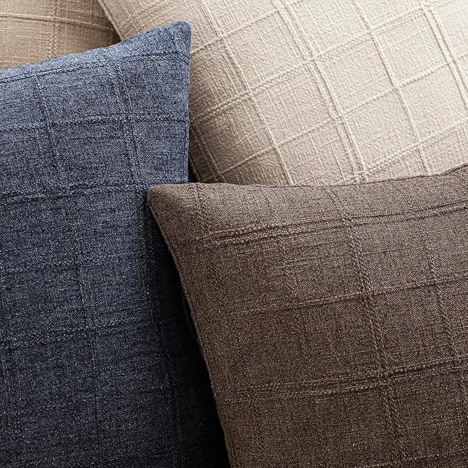 Foindtower Set of 2 Decorative Linen Check Throw Pillow Covers Neutral Farmhouse Vintage Cushion Covers Modern Boho Home Decor for Sofa Chair Couch Bedroom Living Room,24×24 Inch,Dark Brown