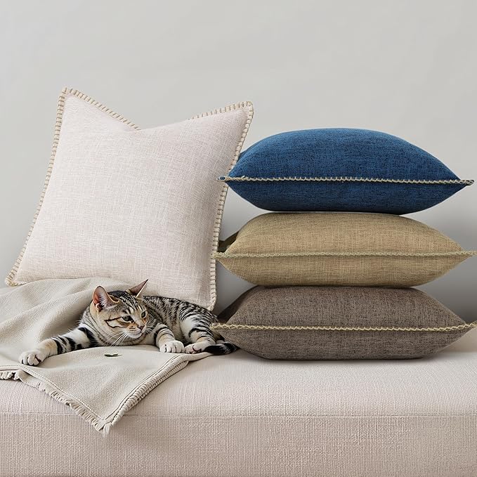 decorUhome Summer Decorative Throw Pillow Covers 26x26 Set of 2 Square Faux Linen Outdoor Neutral Farmhouse Euro Sham Pillow Covers with Stitched Edge for Couch Sofa Living Room, Beige