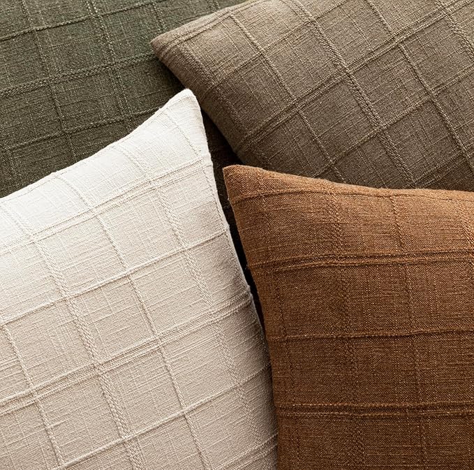Foindtower Set of 2 Decorative Linen Check Throw Pillow Covers Neutral Farmhouse Vintage Cushion Covers Modern Boho Home Decor for Sofa Chair Couch Bedroom Living Room,22×22 Inch,Light Brown