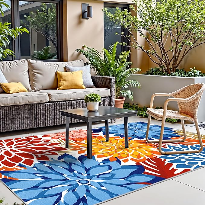 Colorful 8x10 Outdoor Area Rug Washable Multicolored Patio Rug Tropical Botanical Floral Chenille Waterproof Outdoor Carpet Non-Slip for Deck, Backyard, Porch, Vivid Dahlia