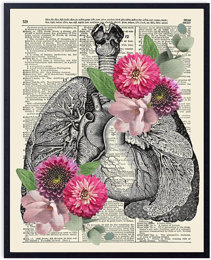 VintBo, Anatomy with Flowers and Eucalyptus, Vintage Dictionary Art Print, Modern Contemporary Wall Art For Home Decor, Boho Poster, Country Farmhouse Decor 8x10 Inches, Unframed (Lungs)