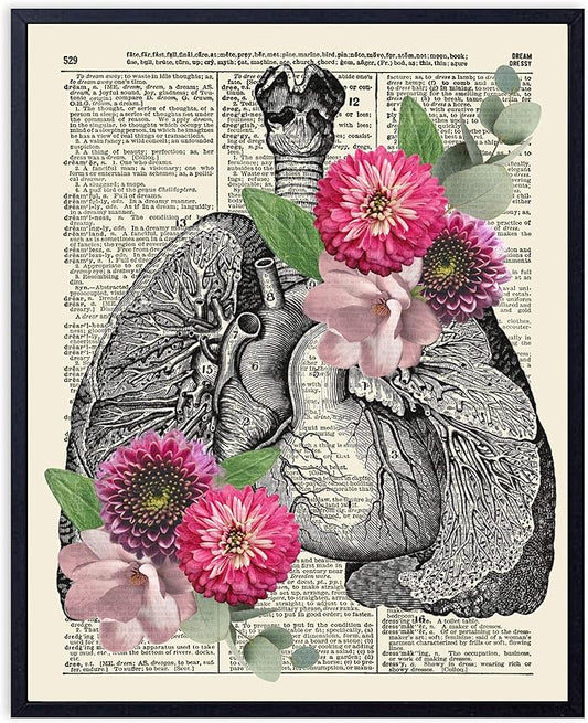 VintBo, Anatomy with Flowers and Eucalyptus, Vintage Dictionary Art Print, Modern Contemporary Wall Art For Home Decor, Boho Poster, Country Farmhouse Decor 8x10 Inches, Unframed (Lungs)
