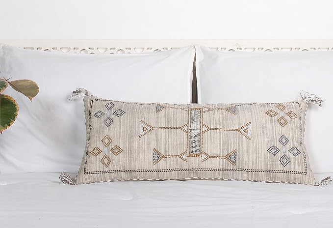 Lumbar Throw Pillow Cover (12 X 28 inches) | Hand Woven Cactus Silk White Pillow Linen Cover | Rustic Décor Bohemian Cushion Cover | Farmhouse Cotton Pillow Case | Decorative Throw Pillow Dress