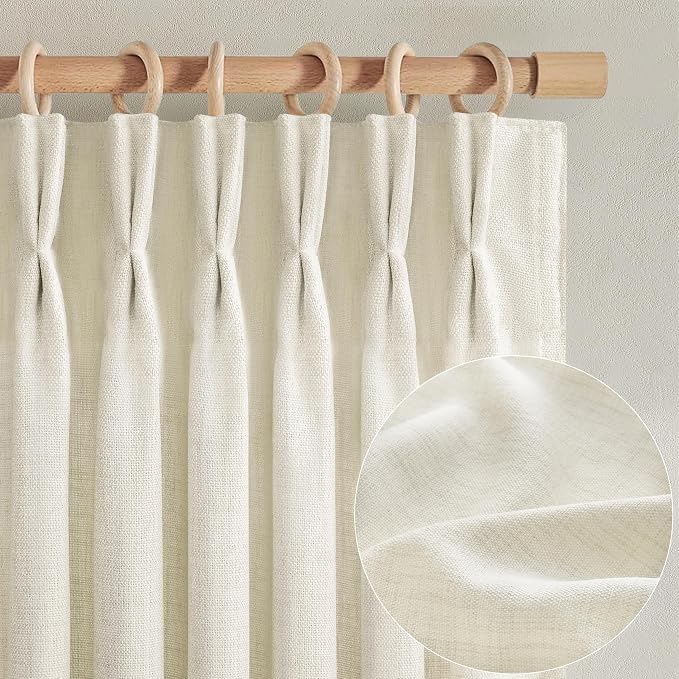 Pinch Pleated 70 Inch Extra Wide Cream Light Filtering Dining Room Curtains 96 Inches Long, Memory Shape Natural Linen Semi Sheer Privacy Modern Windows Curtain 8 FT Length Viral Drapes 2 Panels Set