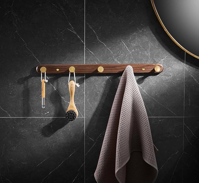 Wall Mounted Coat Rack, Entryway Hanging Coat Rack, Metal Wood Coat Rail with 5 Rustic Hooks Rail for Coat, Scarf, Bag, Towel, Key, Cap, Hat, Walnut Gold Matt