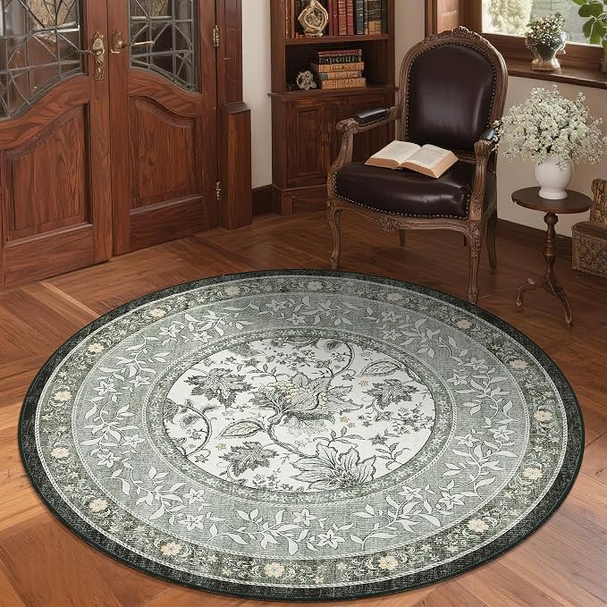 GarveeHome Provence Fog Gray Botanical Grove 6ft Round Rug, Small Circle Vintage Cottagecore Soft Low-Pile Non-Slip Washable Rugs for Living Room Bedroom Nursery Kitchen Retro Carpet