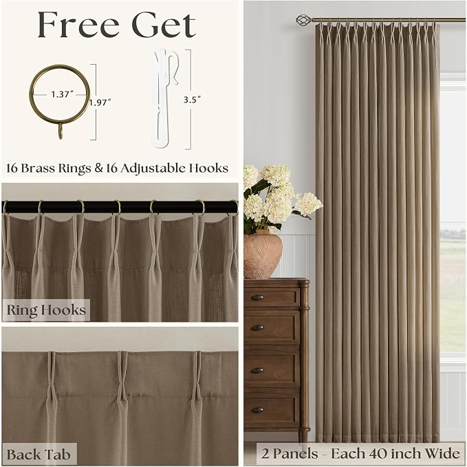 Pinch Pleated 90 Inch Curtains for Living Room Dark Brown Flax Linen Curtains 90 Inches Long Pinch Pleat Drapes Back Tab Boho Farmhouse Light Filtering Semi Sheer for Bedroom Dining Office