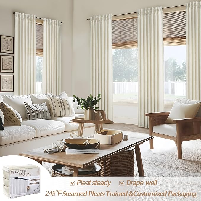 Pinch Pleated Natural Linen Semi Sheer Viral Curtains 94 Inches Long 2 Panels Set for Nursery, Memory Trained Cream Beige Light Filtering Privacy 94-96 Inch Length Country Windows Curtain & Drapes