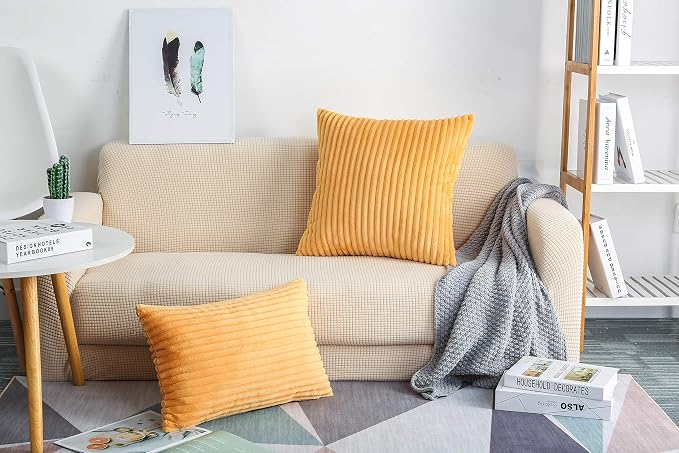 TangDepot Velvet Big Corduroy Pillow Covers 12x18 Cream Orange 2-Pack | Soft wide-stripe corduroy pillow cover, hidden zipper, machine washable, easy refresh, for bedroom living room indoor outdoor