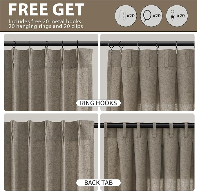 Dark Taupe Pinch Pleated Linen Curtains 102 Inches Long 2 Panels for Living Room Bedroom Vintage Neutral Modern Back Tab Privacy Light Filtering Semi Sheer Pinch Pleat Drapes with Hooks Rings 40x102