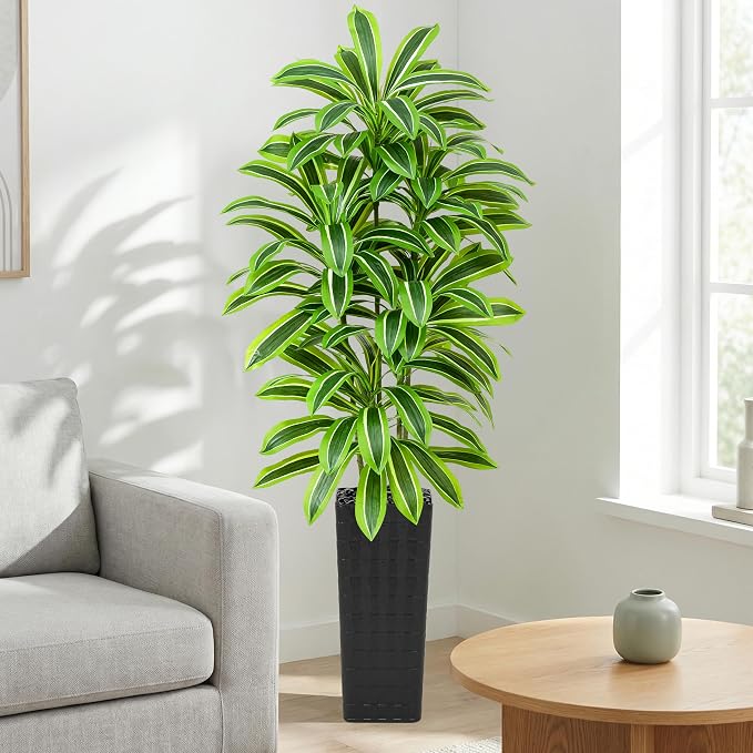 Artificial Dracaena Tree：7FT Faux Silk Tropical Yucca Floor Trees Realistic Fake Green Plant with Natural Wood Trunk & Lifelike Leaves for Home Office Decor Indoor & Outdoor (7FT,1-Pack,Black)