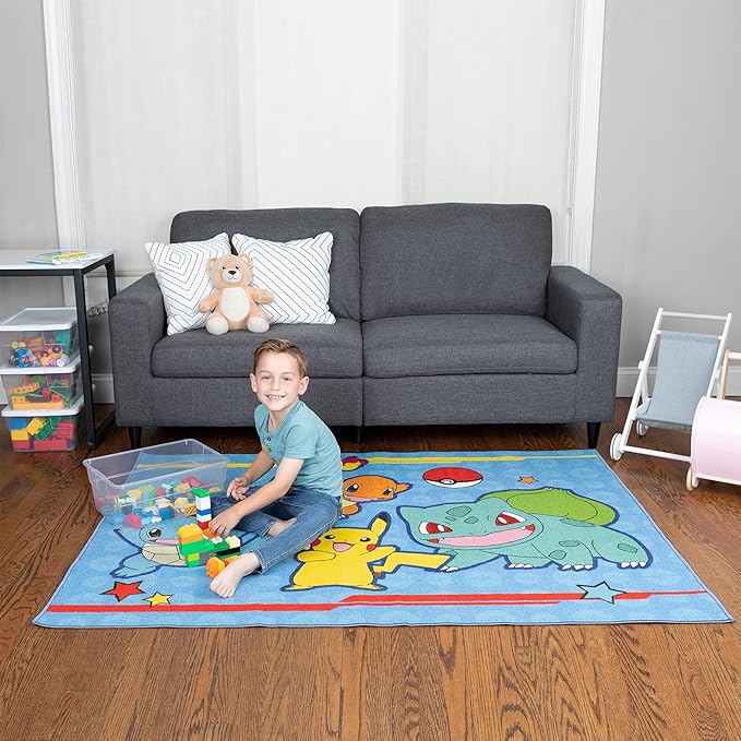 Pokémon Kids Room Blue Non Slip Area Rug, 69 in x 52 in, (Officially Licensed Product) by Franco