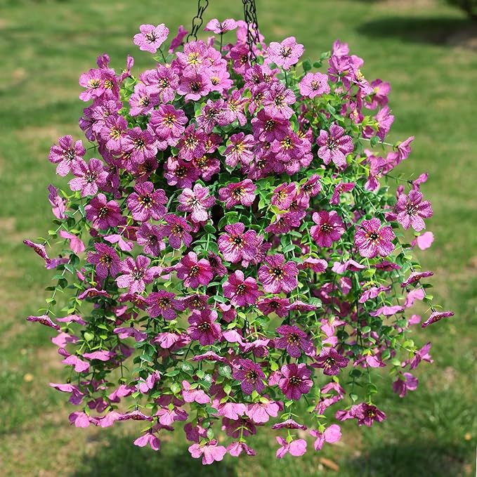 HyeFlora Artificial Hanging Flowers Basket for Outdoor, Fake Flowers Faux Plants Look Real for Yard Gardens Porch Patio Home (Purple)