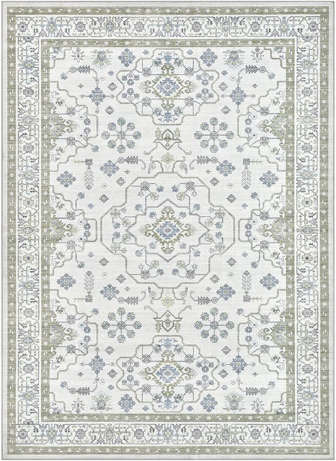 Area Rug 5x7 for Living Room - Washable Oriental Vintage Floral Distressed Large Indoor Carpets with Non Slip Back for Bedroom Dining Room Nursery Office Home Decor -Light Green
