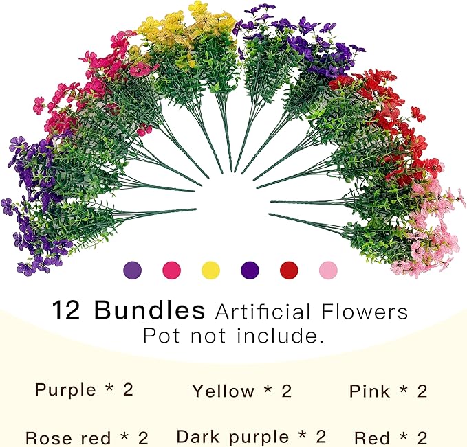 Senjie 12 Bundles Artificial Flowers Bulk for Outdoor Decor, UV Resistant Fake Plastic Flowers, Faux Flowers for Porch Patio Window Boxwood Garden