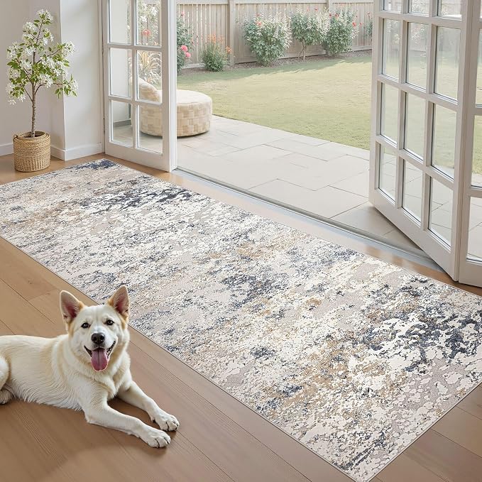 DMOYEST Washable Runner Rug for Hallway: 3x8 Neutral Modern Abstract Low Pile Area Rug with Non-Slip Backing - Carpet for Bedroom Kitchen Laundry Entryway Bathroom Indoor - Beige Blue