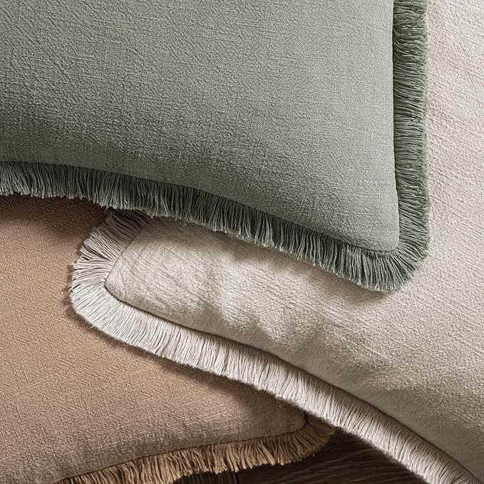 MIULEE Decorative Throw Pillow Covers Neutral Linen Fringe Throw Pillows Set of 2 Natural Beige Boho Farmhouse Cushion Cases with Tassels for Couch Sofa Bed Living Room Spring Decor 18x18 Inch