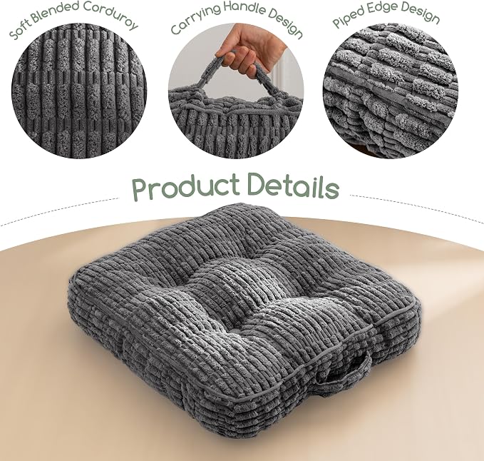 HIGOGOGO Floor Pillow Cushion for Adults, Meditation Cushion Pillow, Blended Corduroy Cover, Large Square Floor Sitting for Tatami Living Room or Yoga, 2Pack, Dark Grey