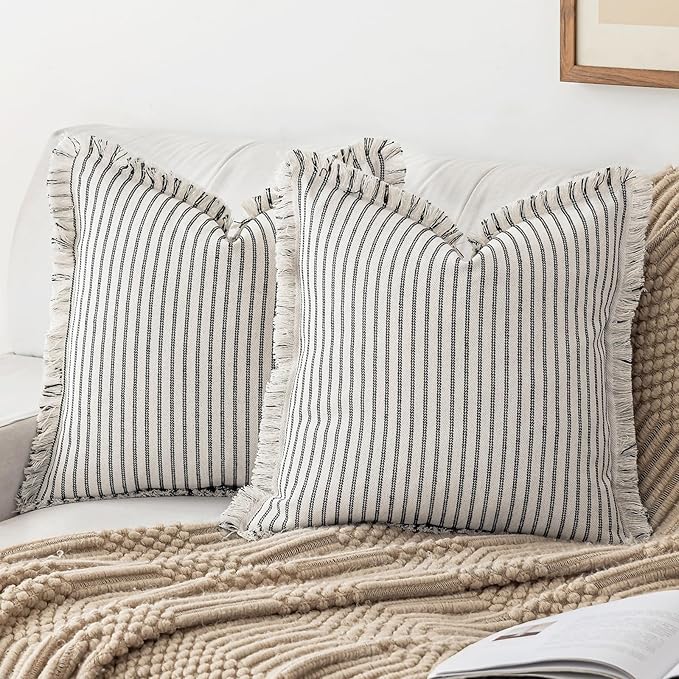 YEENAASY Throw Pillow Covers 22x22 Set of 2 Striped Fringe Pillow Cover Farmhouse Cushion Covers with Tassel Neutral Boho Pillows Decorative Square Pillowcase for Couch Sofa Bed, Black