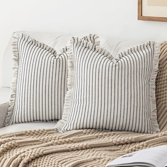 YEENAASY Throw Pillow Covers 24x24 Set of 2 Striped Fringe Pillow Cover Farmhouse Cushion Covers with Tassel Neutral Boho Pillows Decorative Square Pillowcase for Couch Sofa Bed, Black