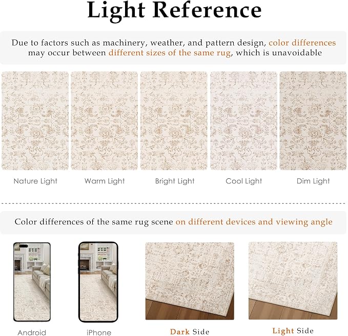 PureCozy Beige Area Rug 10x12 Machine Washable Large Vintage Living Room Distressed Non Slip Carpet Traditional Indoor Bedroom Retro Floral Accent Throw Rug for Office Kitchen Dining Room