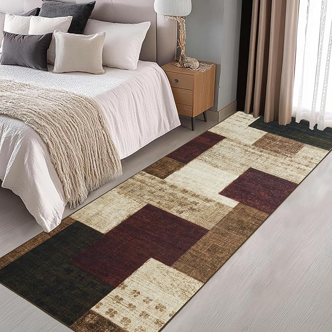 Modern Geometric Patchwork Indoor Runner Rug for Living Room, Red 2.7'x 8' Rug Rockwood Collection Hardwood Floors Decor for Bedroom, Burgundy Throw Carpet for Office Entryway Dining Room