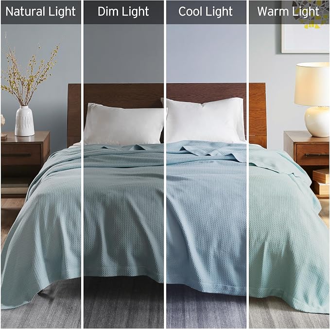 Madison Park 100% Egyptian Cotton Lightweight Summer Blanket, Breathable Waffle Knit Design, Soft Cozy All-Season Throw for Bed, Couch or Sofa, Light Blue King Size (108"x90")
