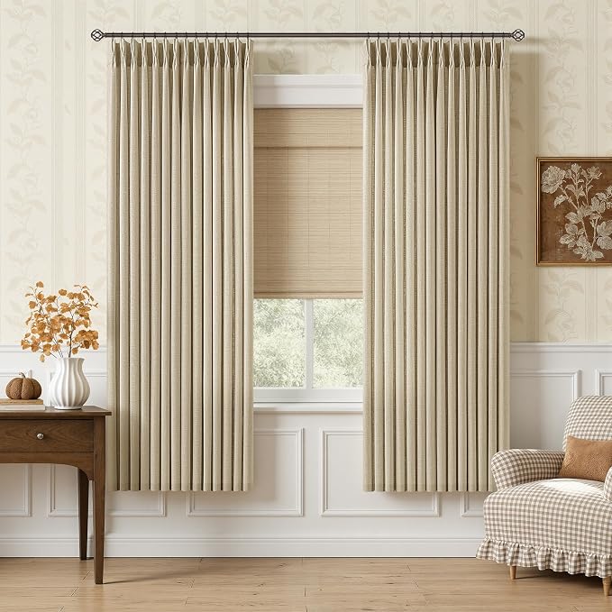 Pinch Pleated Beige Linen Curtains 63 Inch 2 Panels Set for Living Dining Room Semi Sheer Memory Trained Short Pleat Drapes with Hooks Rings Oatmeal Farmhouse Boho Bedroom Kitchen Closet Drapes 40x63