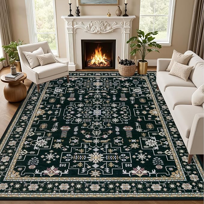 Area Rugs 9x12 Living Room Rug: Washable Rug Soft Vintage Boho Medallion Carpet Indoor Floor Non-Slip Stain Resistant Large Carpets for Bedroom Dining Room Farmhouse Nursery Home Office Black