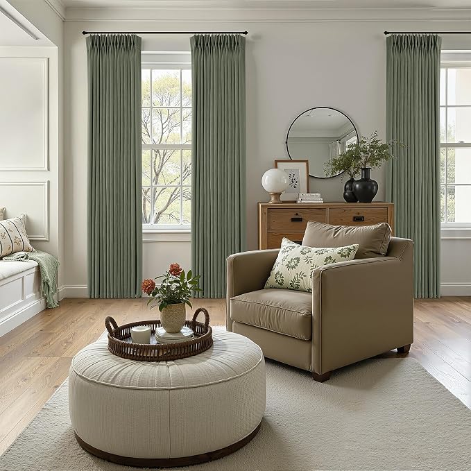 Sage Green Pinch Pleated Linen Curtains 90 Inches Long for Living Room Bedroom with Rings Hooks Clips Back Tab Semi Sheer Curtains Light Filtering Boho Farmhouse Drapes Light Green